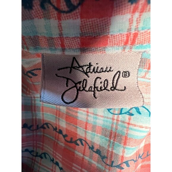 Adrian Delafield blouse medium plaid flowers short sleeve pocket collar - Picture 11 of 11